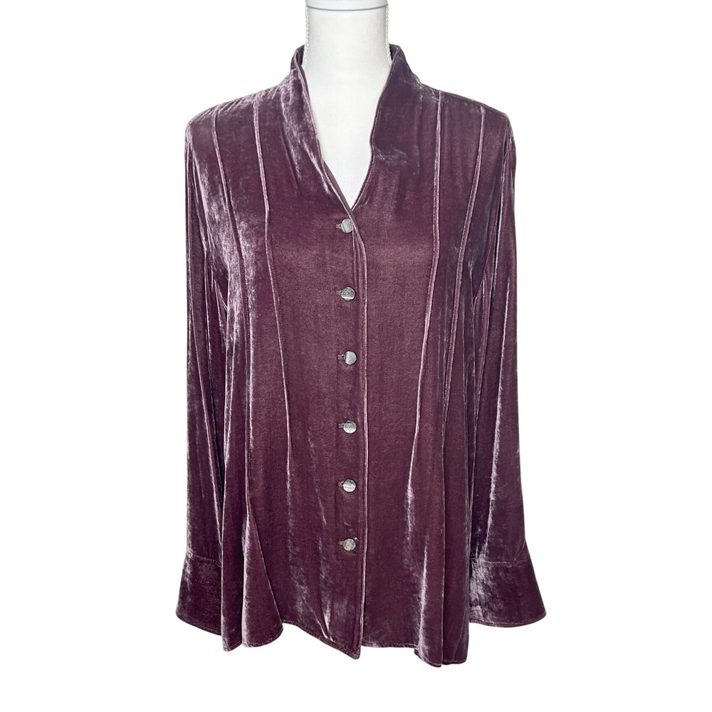 J. Jill Women Top Purple Velvet Pintuck Silk Blend Button Up Long Sleeve XL Tall